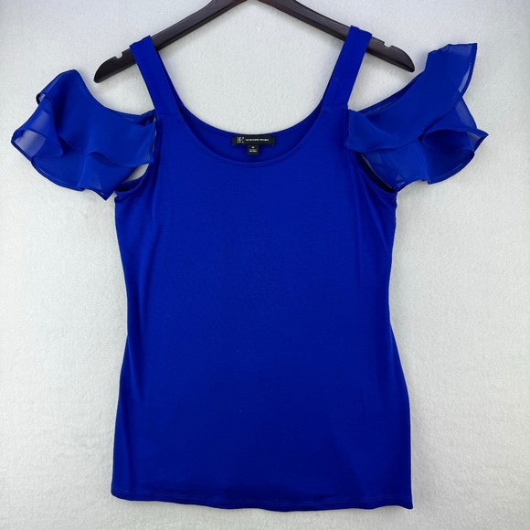 INC Top Women Sz M Blue Straps Off the Shoulder sheer sleeves - Picture 1 of 7